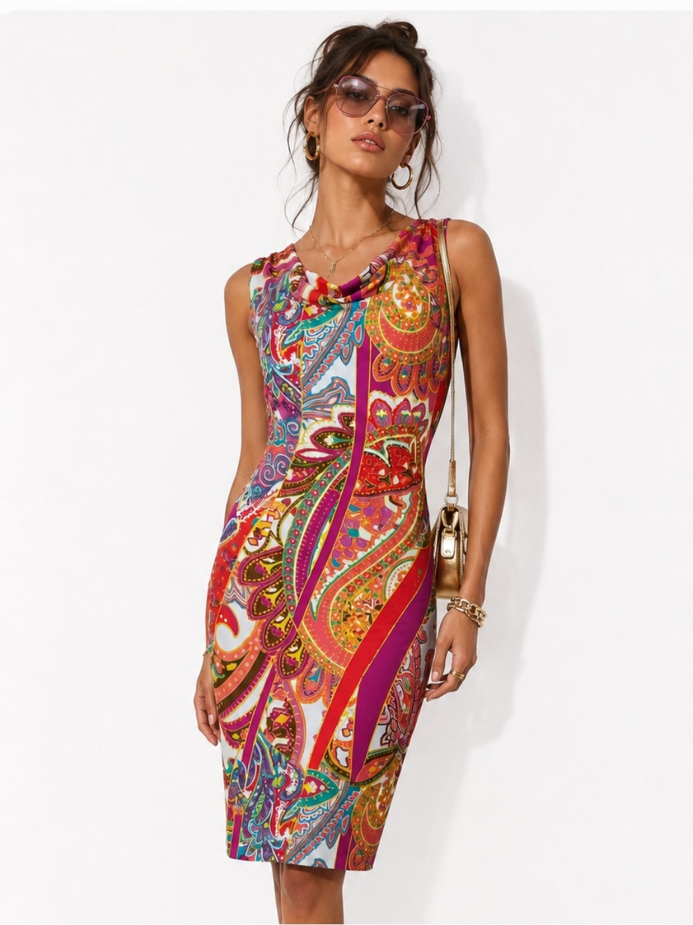 VINTAGE 90"s Y2K CACHE Paisley Sleeveless Sheath Knee Length Scoop Neck Dress S
